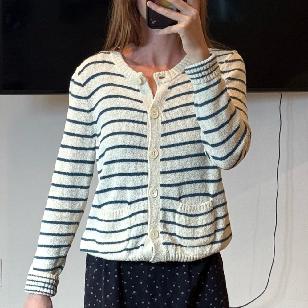 Alex Mill Cream and Blue Striped Cardigan Sweater Womens S